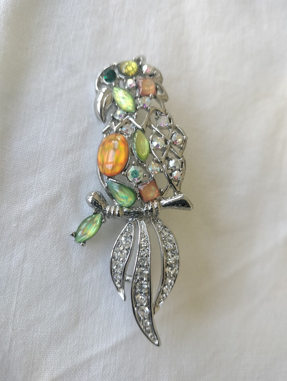 Crystal Parrot Brooch with Orange and Green Accents